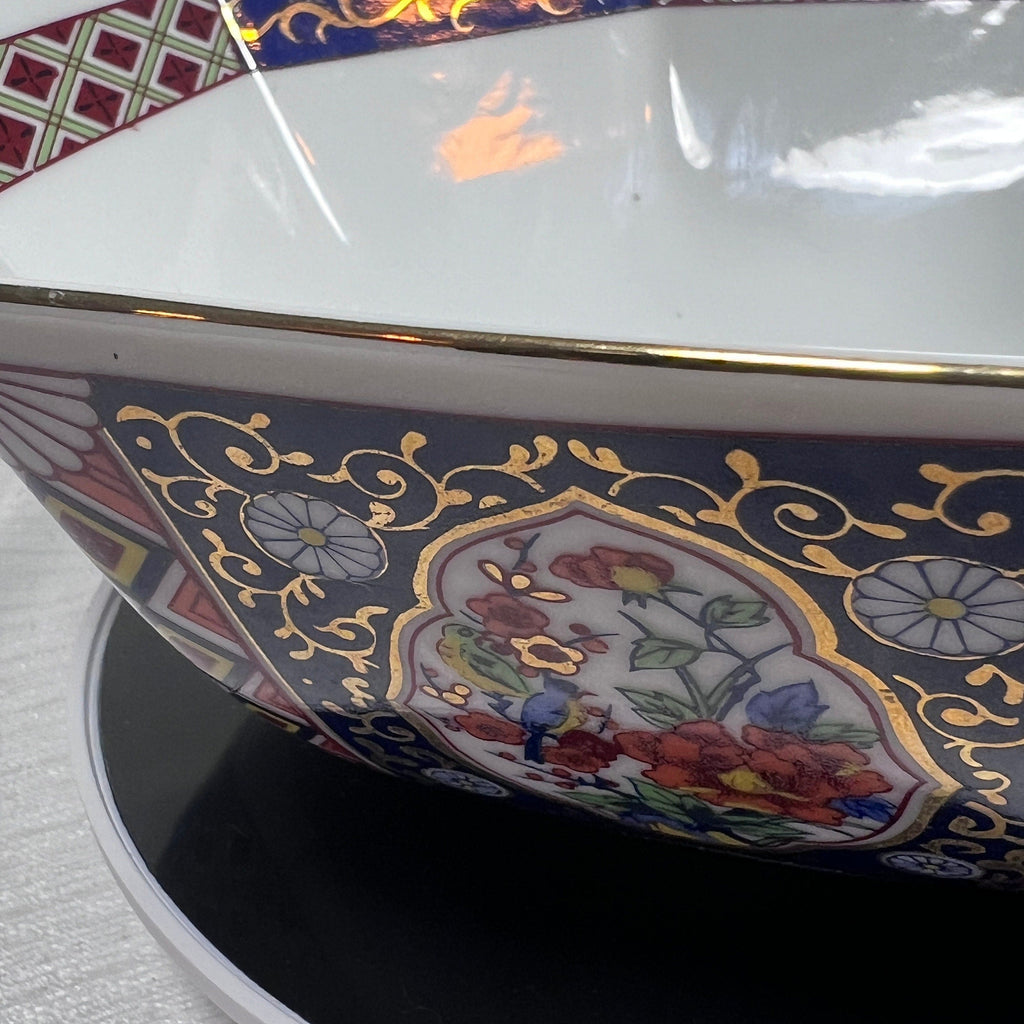 22k Gold Trim 9" Octagon Imari Style Bowl with an intricate design featuring birds and flowers