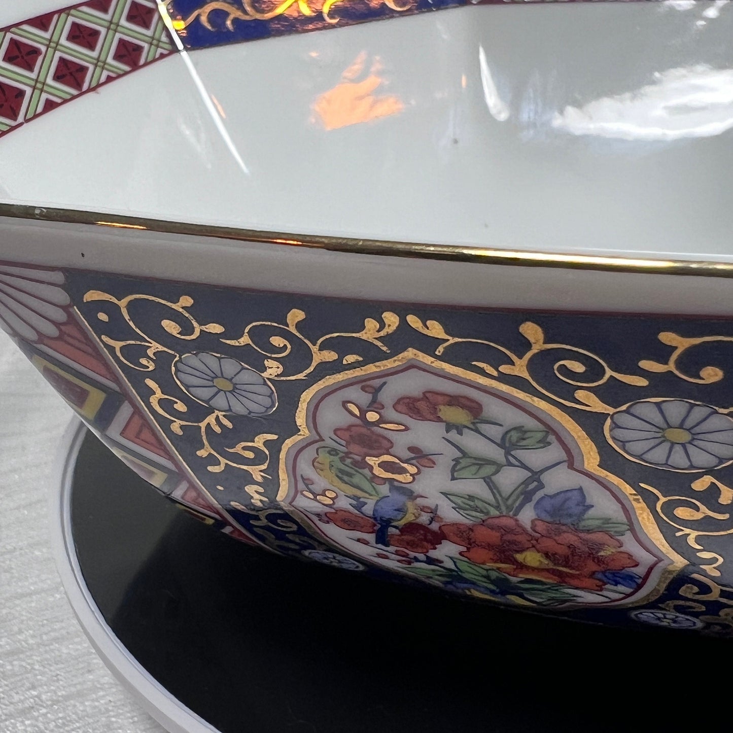 22k Gold Trim 9" Octagon Imari Style Bowl with an intricate design featuring birds and flowers