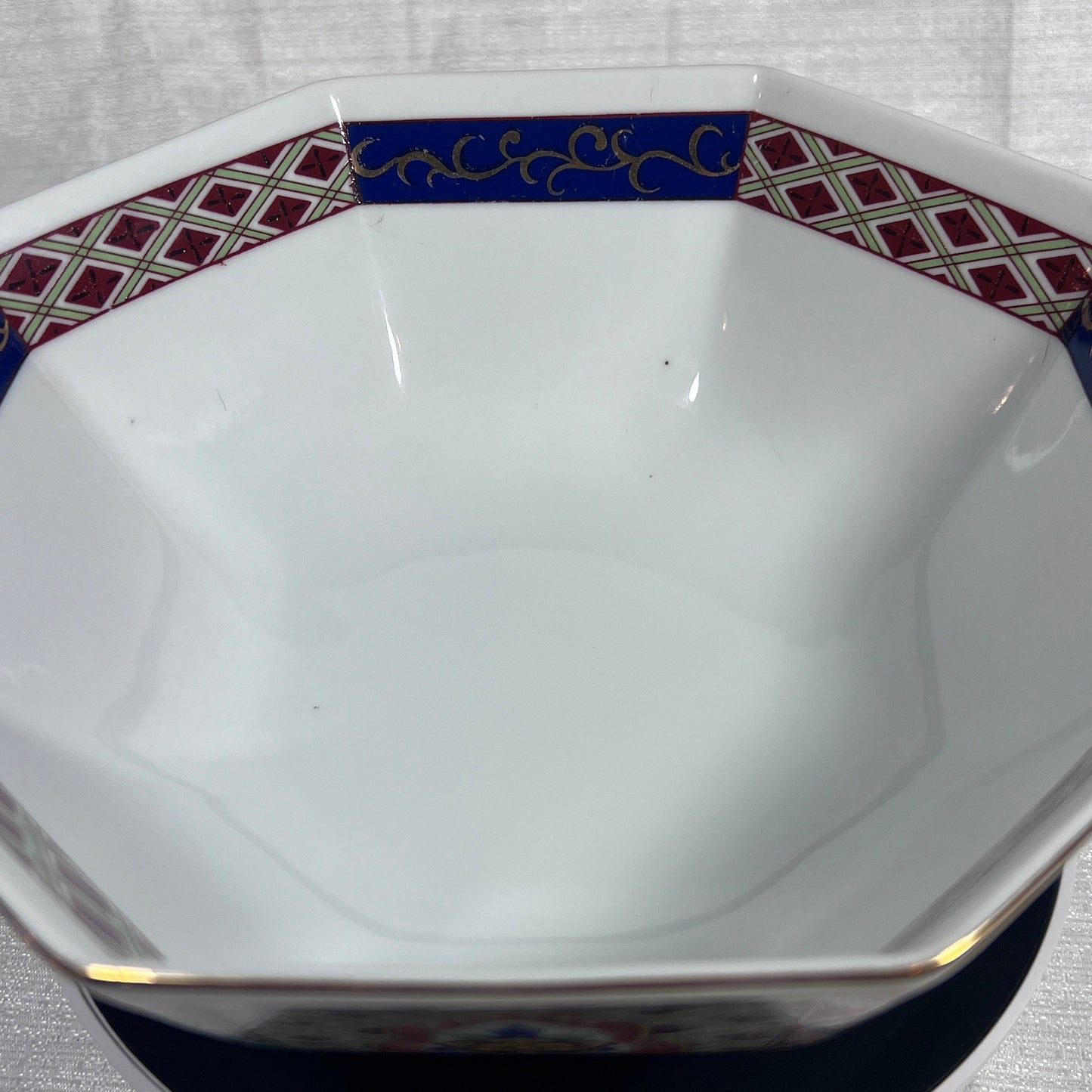 22k Gold Trim 9" Octagon Imari Style Bowl with an intricate design featuring birds and flowers