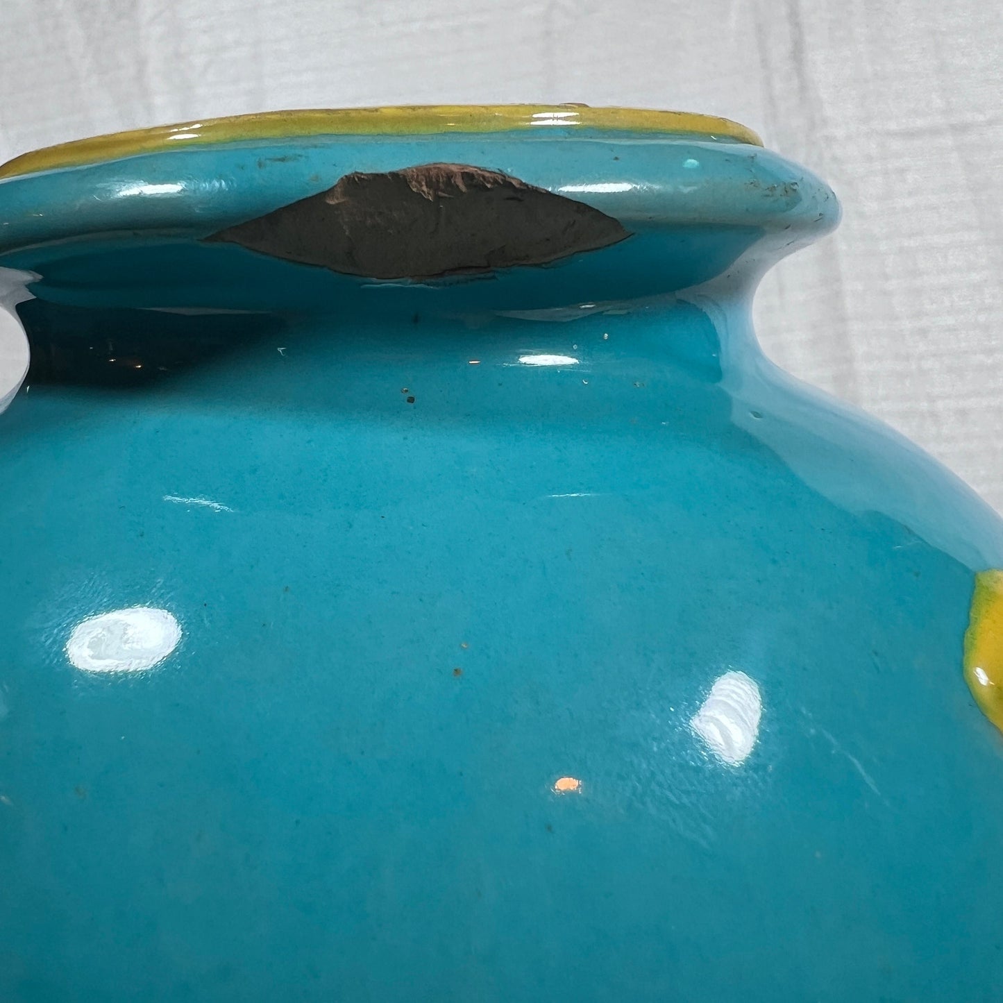 Italian Art Pottery, Signed - Turquoise and Yellow - Chip on the underside of the top