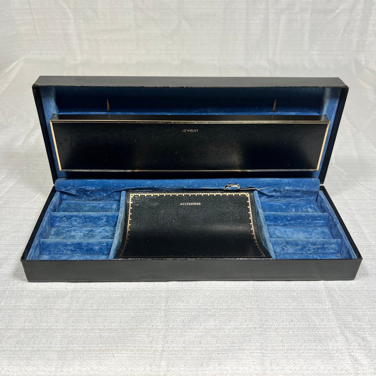 Vintage Mens Black Jewelry Box with Blue Interior (small area where the inside is torn, but still fully functional)