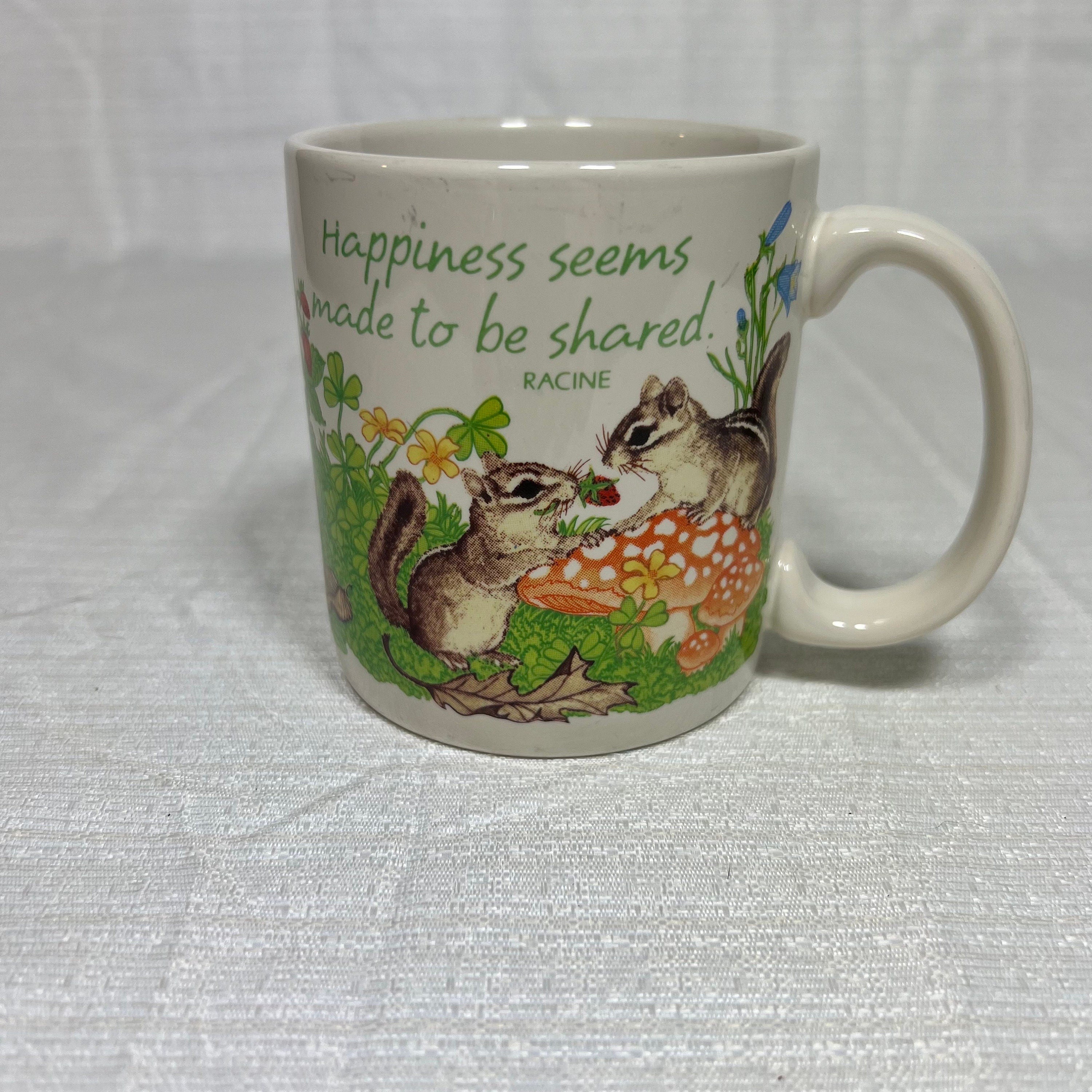 American Greetings Designers Collection Stoneware Happiness Seems Made to Be Shared Chipmunks and Mushrooms Mug