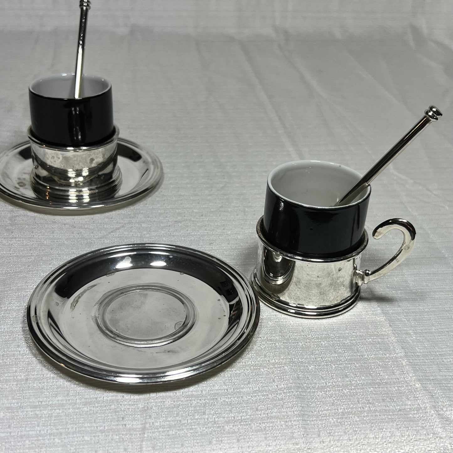 Silver Plated Demitasse Set Made in Hong Kong - 2 cups with holders, two saucers, two spoons