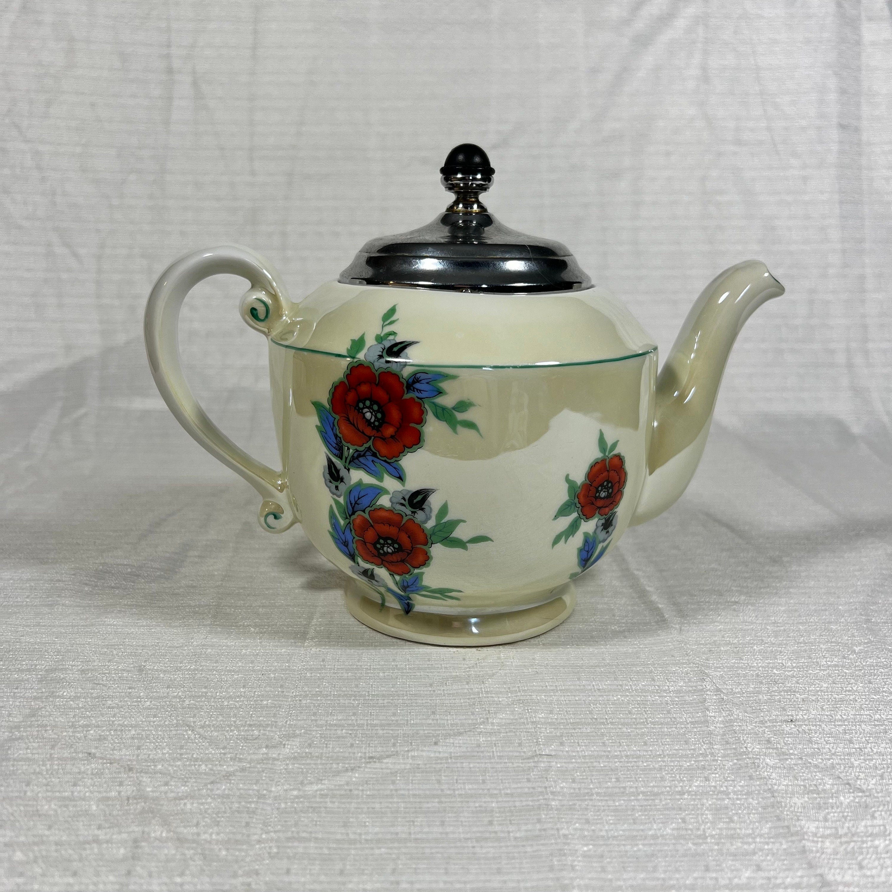 Royal Rochester Hand Decorated Royalite Fraunfelter China Iridescent Floral Tea Pot with Tea Ball