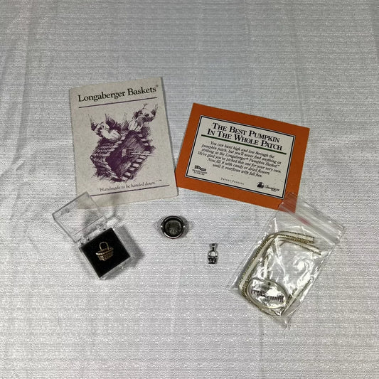 Longaberger Lot - Tie On, Pewter Basket, Pin, Charm