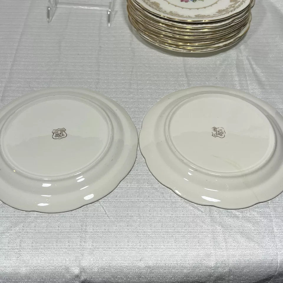 Stetson 22K Gold American Beauty Salad Plate Set of 11 - Some wear and chips